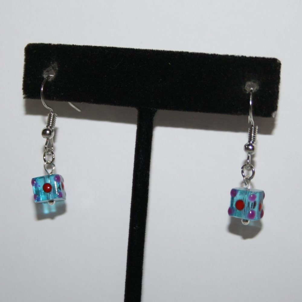 Beautiful Blue glass dice earrings 1.25" NWOT
